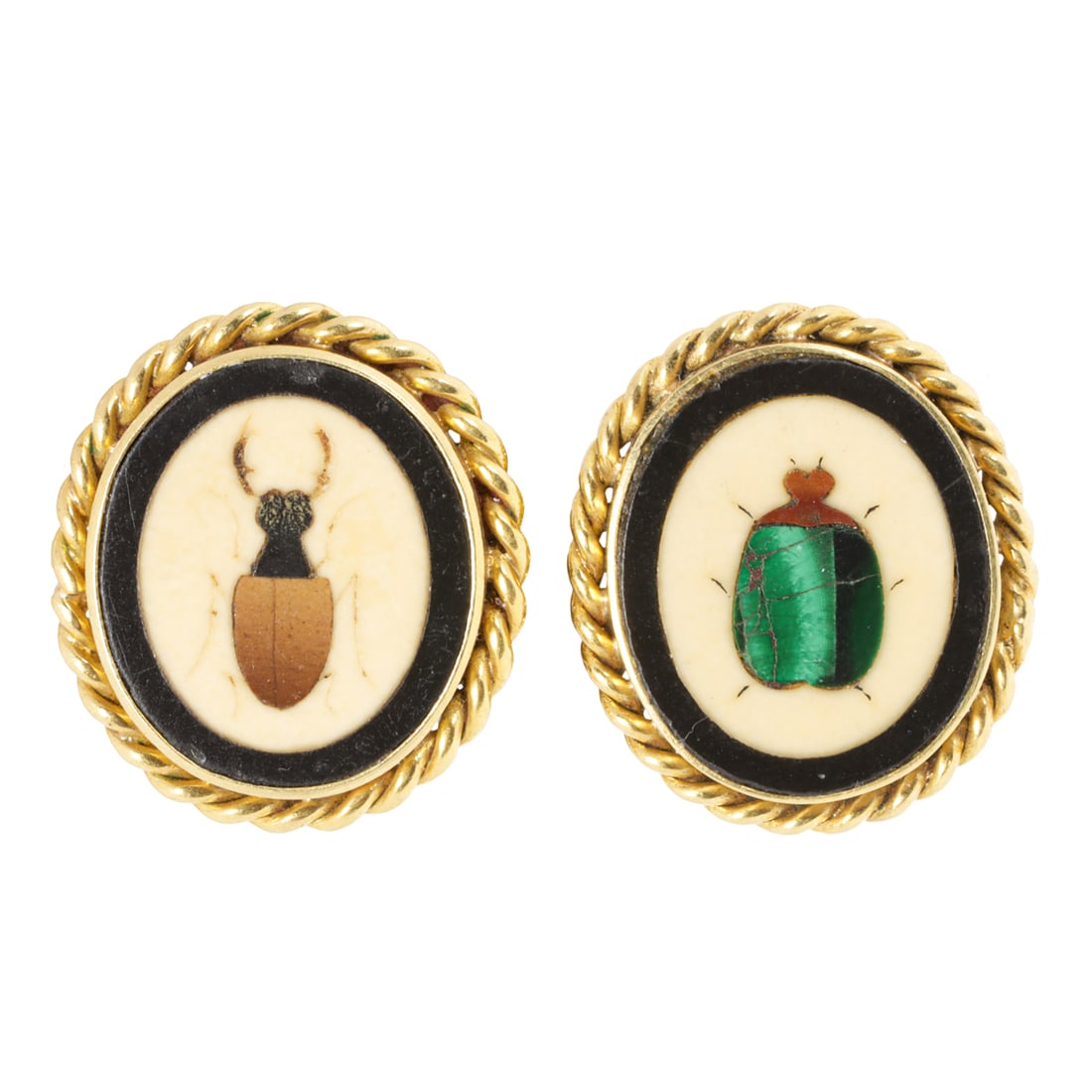 Two French antique 18k gold and pietra dura shirt studs: Two French antique 18k gold and pietra dura shirt studsthe hardstone pietra dura depicting beetles; lengths: 5/8 in; 4.25 grams