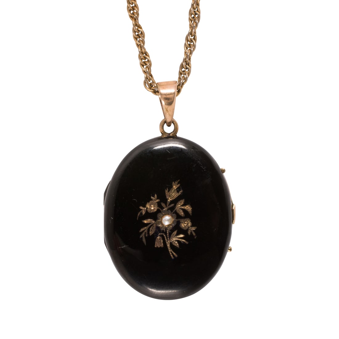 An enamel, 14k gold, and gold-filled Victorian mourning locket necklace: An enamel, 14k gold, and gold-filled Victorian mourning locket necklaceFeaturing an enamel and 14k gold Victorian mourning locket intricately inscribed with a bouquet of flowers and accented by a