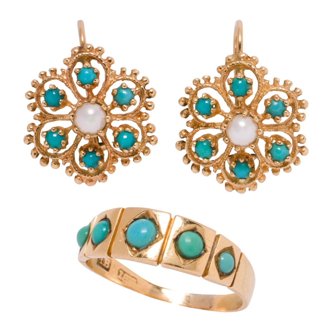 A turquoise, cultured pearl, and 14k gold ring and earrings: A turquoise, cultured pearl, and 14k gold ring and earringsComprising a ring set with round-shaped turquoise cabochons measuring from 2.62 to 3.39 mm across, together with a pair of earrings designed