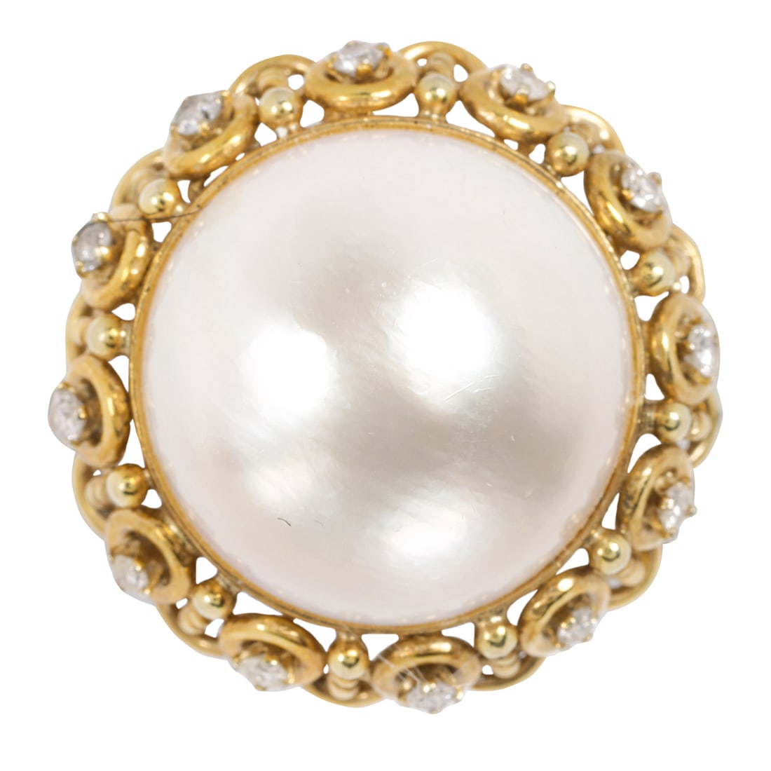A mabe cultured pearl, diamond and 14k gold ring: A mabe cultured pearl, diamond and 14k gold ringcentering a mabe cultured pearl measuring approximately 18.10 mm, the ornate frame accented by 12 round brilliant-cut diamonds; size: 5 3/4; 14.96 grams