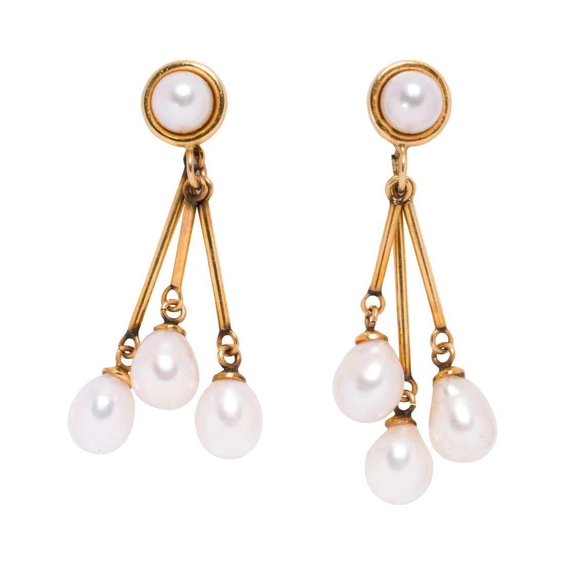 A pair of cultured pearl and 14k gold earrings: A pair of cultured pearl and 14k gold earringsFeaturing three baroque cultured pearls measuring 5.43 mm, suspended from 14k gold links with cultured pearl surmount; length: 1 1/4 in; 4.70 grams