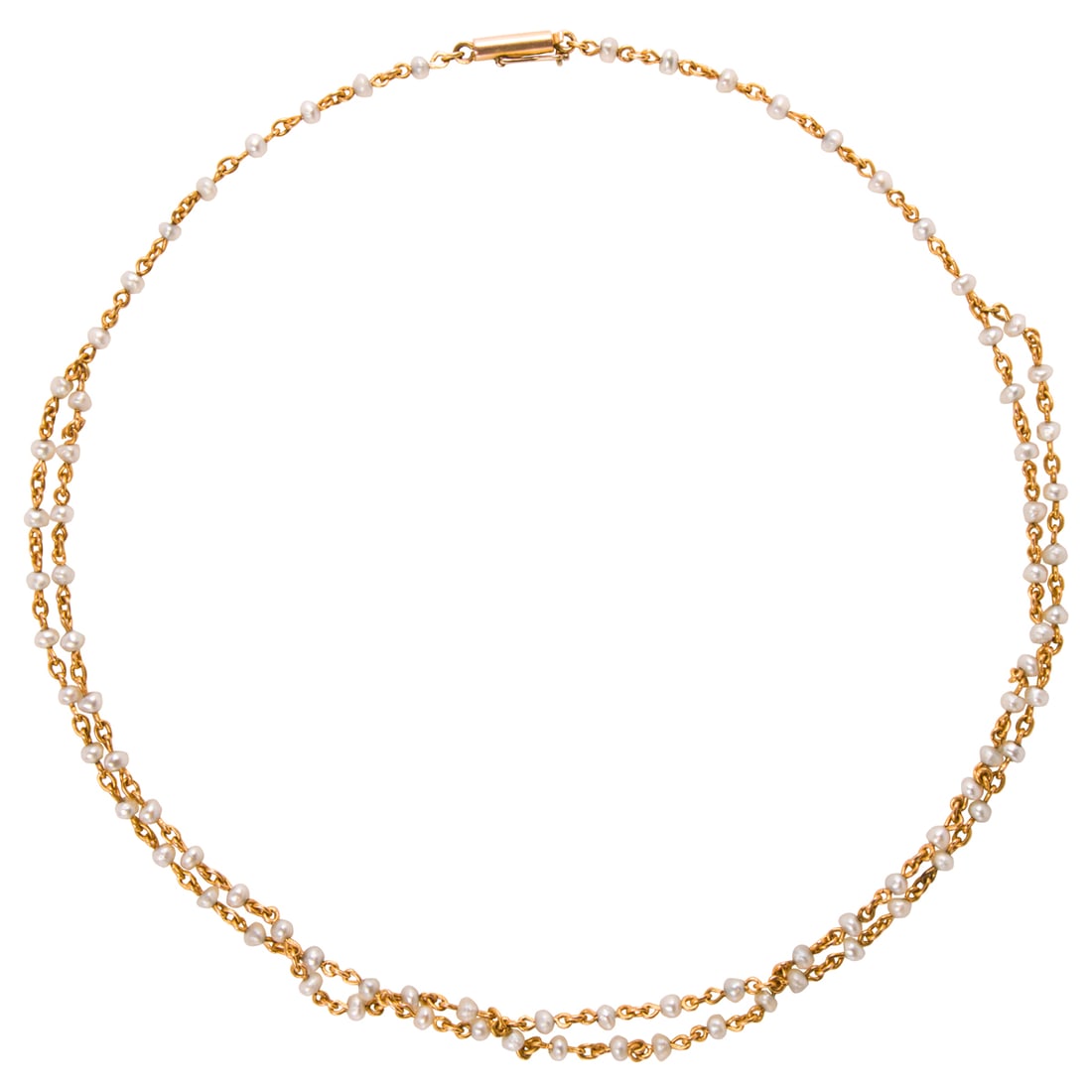 A seed pearl and 14k gold necklace: A seed pearl and 14k gold necklaceFeaturing a double strand of seed pearl beaded 14k gold chain; length: 15 in; 9.60 grams
