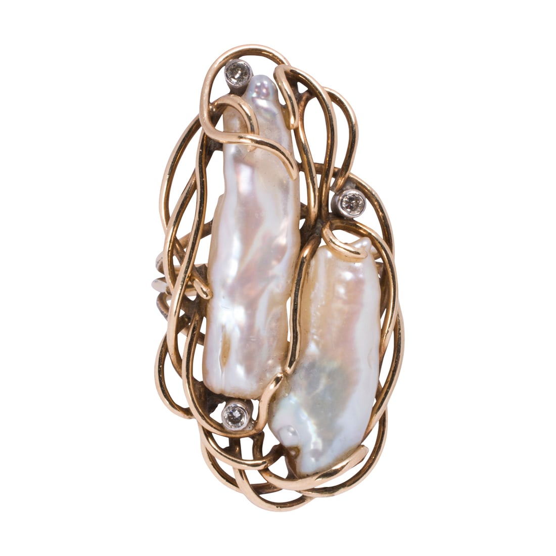 A cultured pearl, diamond, and 14k gold ring: A cultured pearl, diamond, and 14k gold ringSet with two cultured stick pearls measuring 21.80-27.39 mm, set within gold wire and accented by three round-cut diamonds; size 9; 10.05 grams