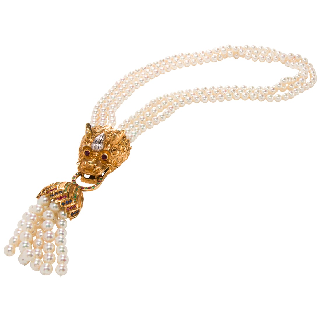 A cultured pearl, gem-set and 14k bi-color gold multi-strand necklace: A cultured pearl, gem-set and 14k bi-color gold multi-strand necklaceDesigned as three strands of Akoya cultured pearls measuring 7.04 mm, the detachable ornate dragon's head motif pendant/clasp set