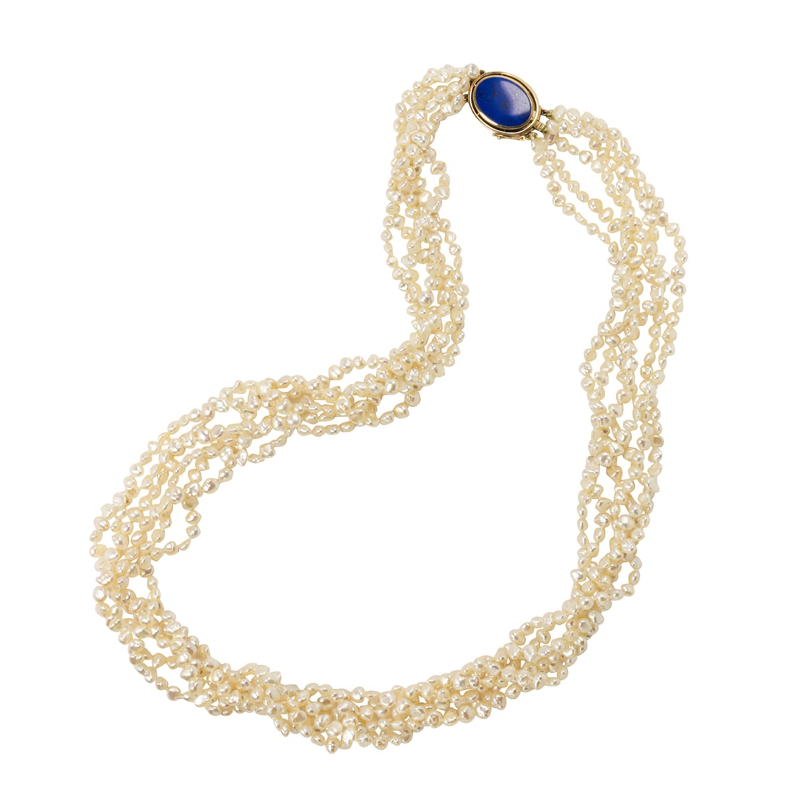 A Gump's keshi pearl, lapis lazuli, and 14k gold torsade necklace: A Gump's keshi pearl, lapis lazuli, and 14k gold torsade necklaceDesigned as six strands of keshi pearls measuring approximately 6.02 mm, with 14k gold clasp set with an oval-shaped lapis lazuli