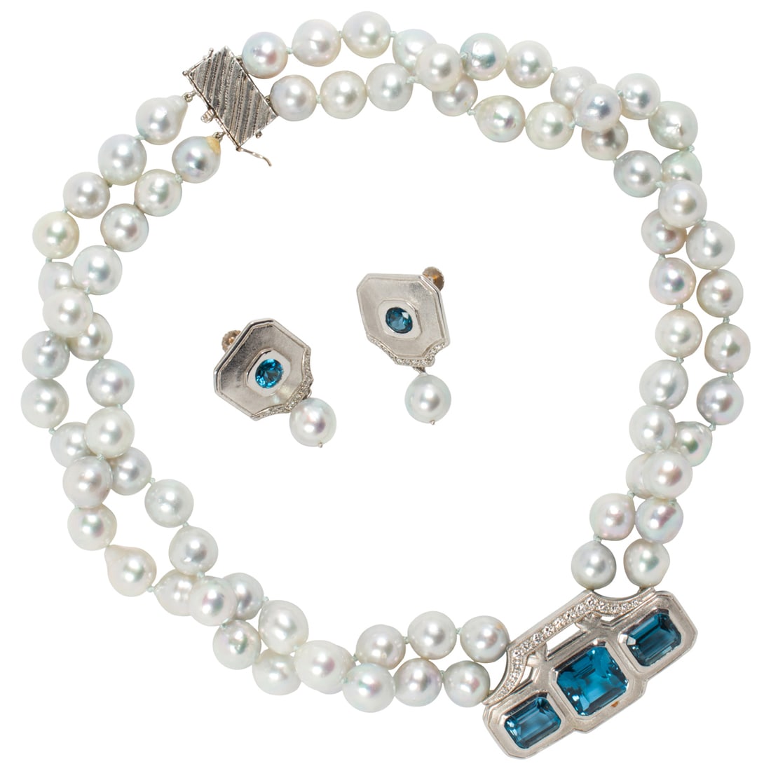 A Karina Mattei blue topaz, cultured pearl, diamond, 14k white gold and platinum set, 1998: A Karina Mattei blue topaz, cultured pearl, diamond, 14k white gold and platinum set, 1998Comprising a double stranded necklace of baroque cultured pearls, measuring from approximately 9.10 to 9.40