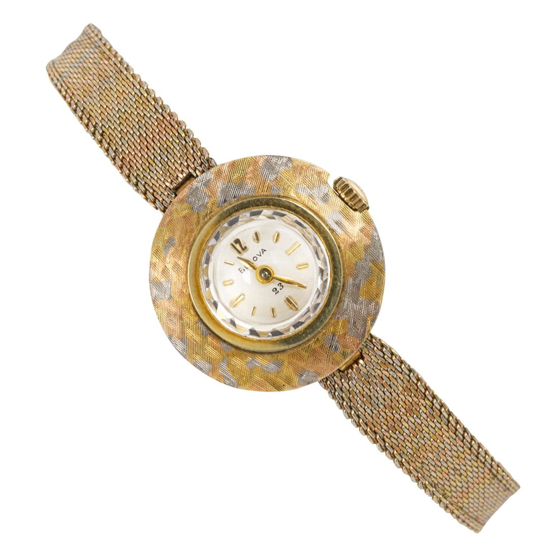 A Bulova 14k tri-color gold and gold-filled watch: A Bulova 14k tri-color gold and gold-filled watchCase no.: 39679The champagne tone face, gold mixed indices, gold leaf hands, within tri-color 14k gold florentine finish case, containing a manual 23 j