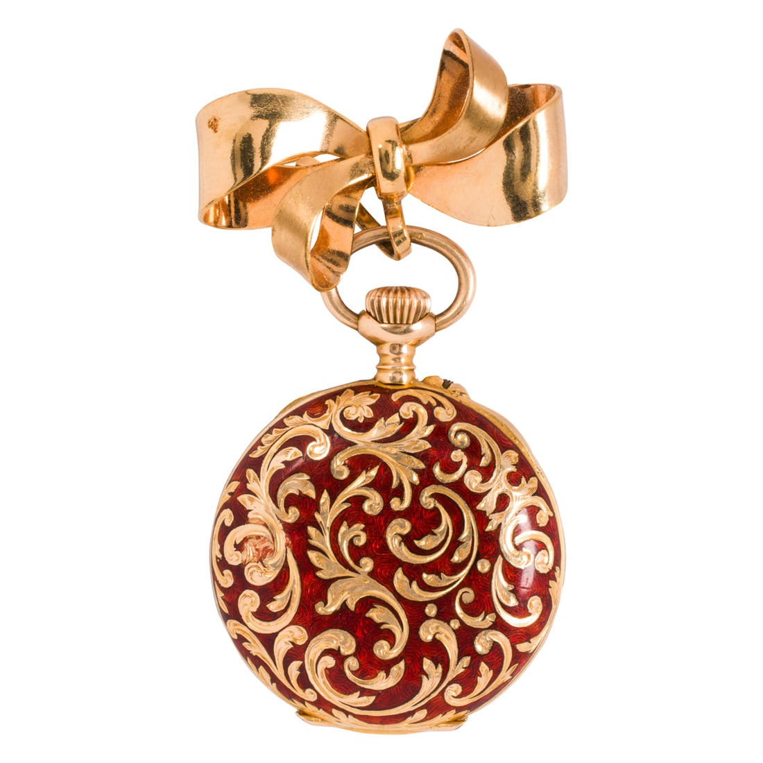 An F. Schlesicky enamel and 14k gold pocket watch and lapel pin: An F. Schlesicky enamel and 14k gold pocket watch and lapel pinCase no.: 281704The white tone face, black Arabic indices, gold Louis XIV hands, within 14k gold case inscribed with intricate