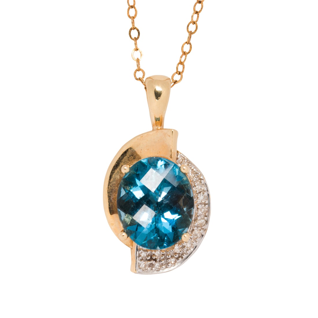 A blue topaz, diamond, 10k and 14k gold pendant necklace: A blue topaz, diamond, 10k and 14k gold pendant necklaceDesigned with a checkerboard oval-cut blue topaz measuring approximately 12.06 x 10.00 x 7.26 mm, accented by 13 single-cut diamonds, set