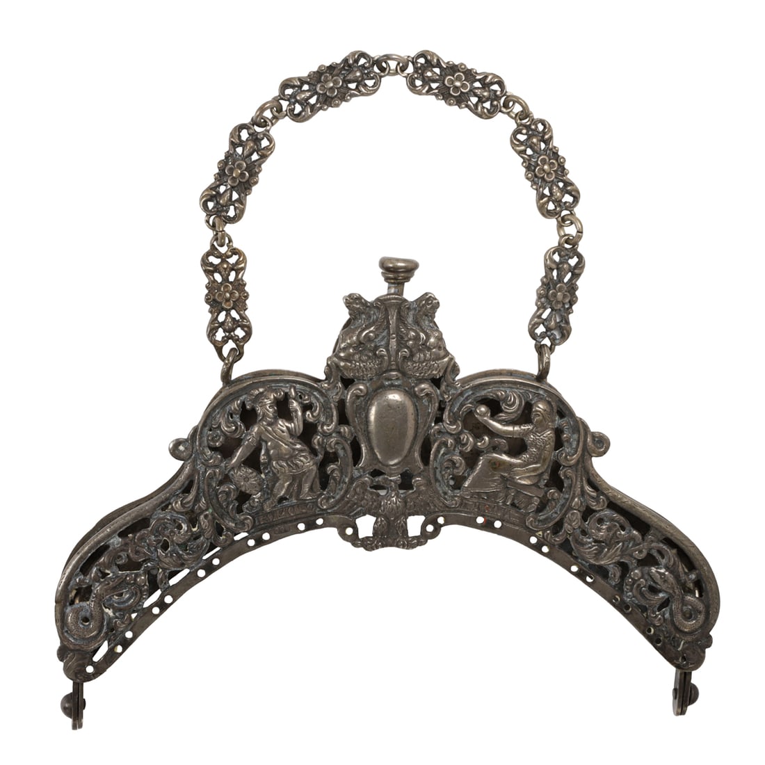 An antique silver purse frame: An antique silver purse frameFeaturing intricate figural motif repousse with fancy-link strap; length: 5 3/8 in; 131.90 grams