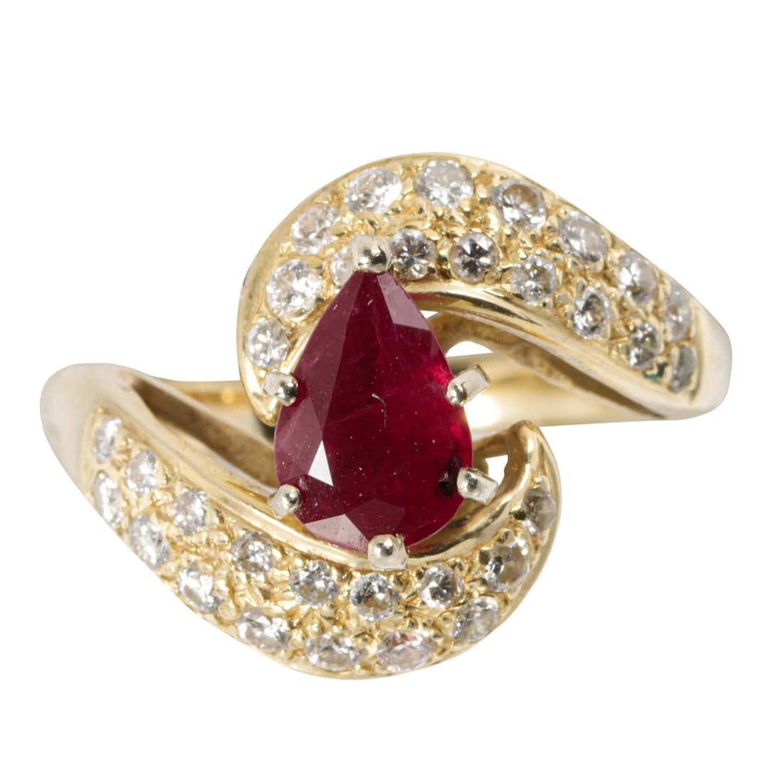 A ruby, diamond and 14k gold ring: A ruby, diamond and 14k gold ringcentering a pear-shaped ruby weighing approximately 0.50 carat, accented by 32 round brilliant-cut diamonds, weighing in total an estimated 0.75 carat; size 7; 4.77