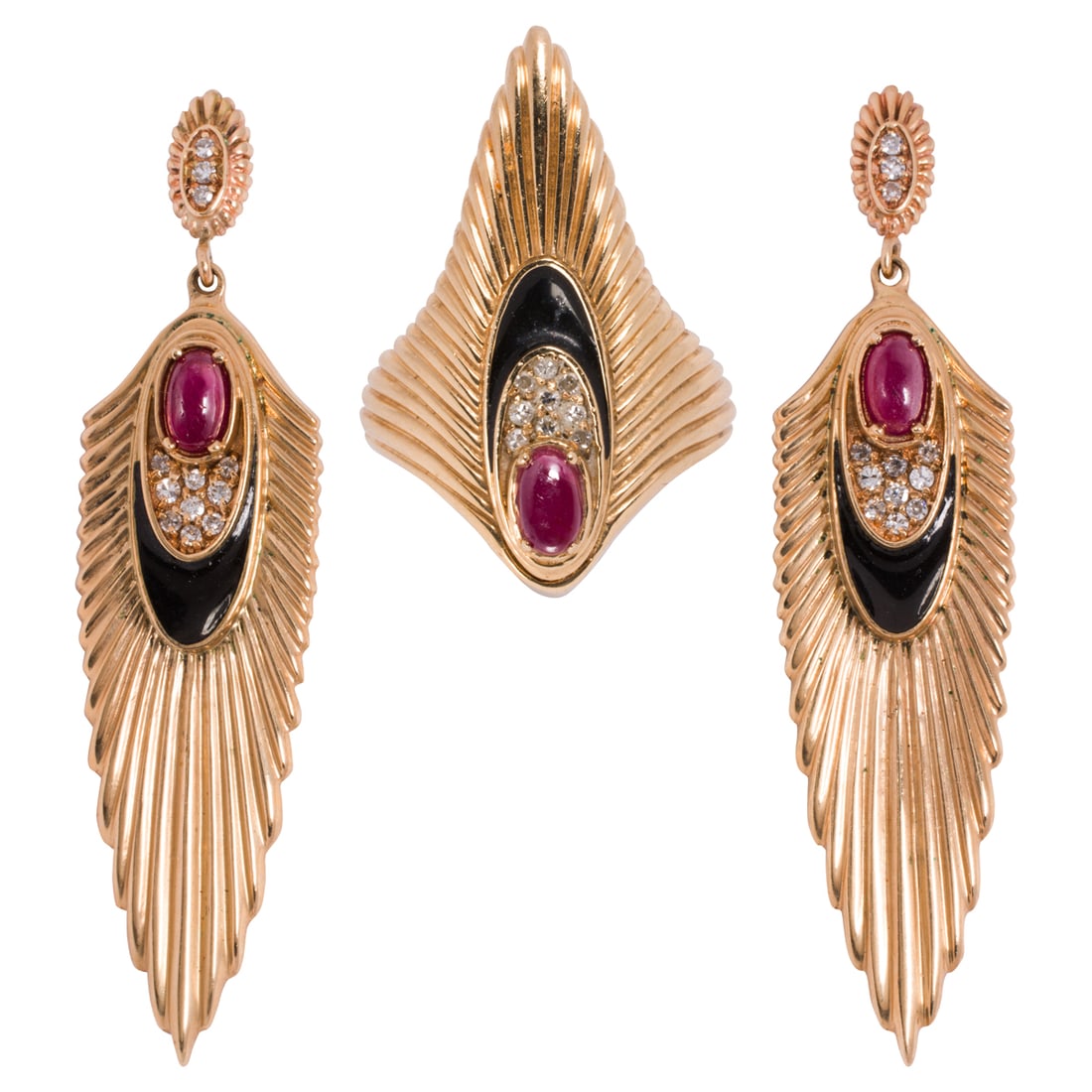 An Erte ruby, diamond and 14k gold Rayonnement ring and earring set: An Erte ruby, diamond and 14k gold Rayonnement ring and earring setof feather motif, each piece featuring an oval-shaped ruby cabochon, accented by numerous single-cut diamonds, further accented with