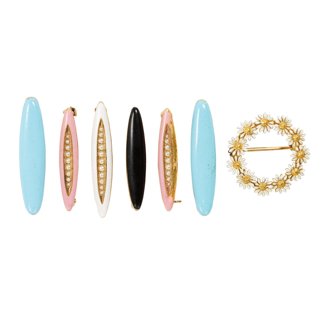 A group of enamel, seed pearl and 14k gold lingerie brooches: A group of enamel, seed pearl and 14k gold lingerie broochesseven pins with pink, blue, white and black enamel, several with seed pearls; with maker's marks for Krementz, Carter, Howe & Gough, and