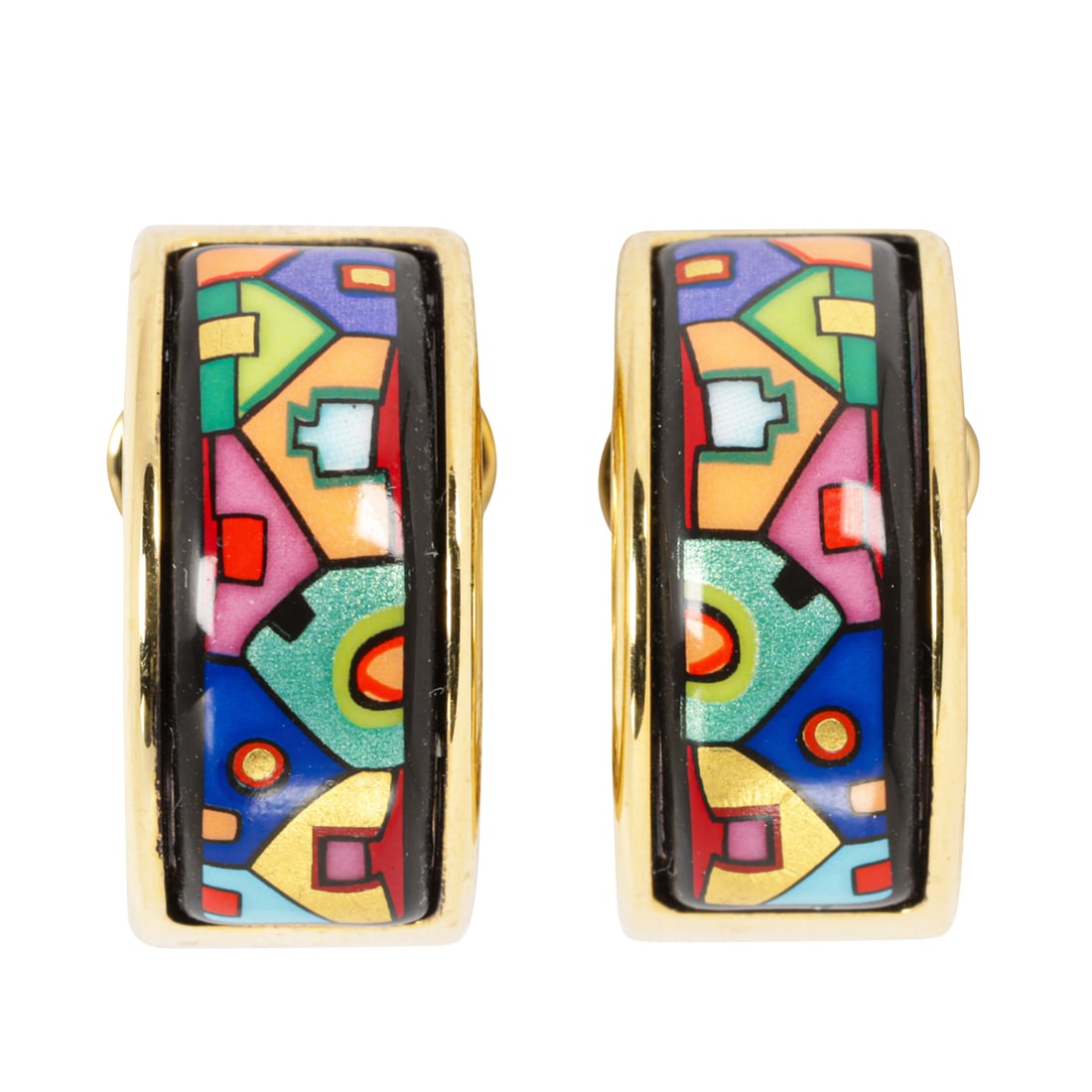 A pair of Frey Wille enamel and 18k plated hoop earrings: A pair of Frey Wille enamel and 18k plated hoop earringsthe "Homage a Hundertwasser Street Rivers' design; length: 3/4 in