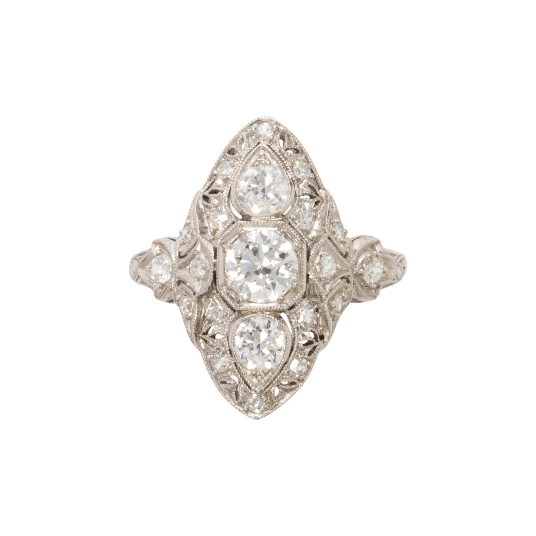 An Art Deco diamond and platinum ring: An Art Deco diamond and platinum ringthe navette form design, centering 3 transitional round brilliant-cut diamond, weighing approximately 0.25, 0.50, 0.25 carat, further accented by single-cut