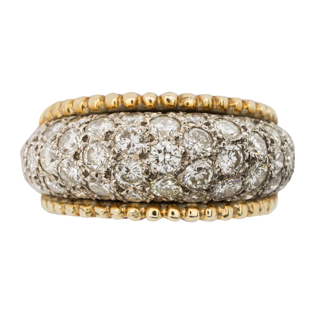 A diamond and 14k bi-color gold ring: A diamond and 14k bi-color gold ringthe white gold domed pave-set with numerous round brilliant-cut diamonds weighing an estimated 2.65 carats, with yellow gold border; size: 7 1/2; 9.65 grams