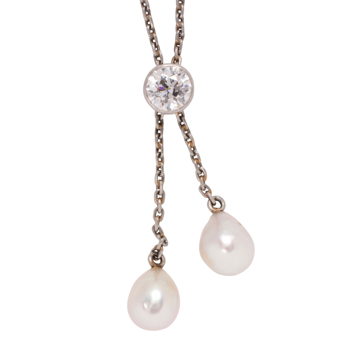 A diamond, cultured pearl, and platinum necklace: A diamond, cultured pearl, and platinum necklaceOf bolo style, with slider featuring a collet-set European-cut diamond weighing approximately 0.75 carat, terminating with two drop-shaped cultured