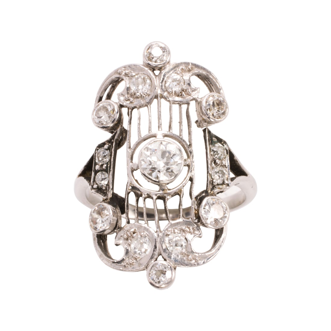 An Belle Epoque diamond and 14k white gold ring: An Belle Epoque diamond and 14k white gold ringDesigned as an open-form lyre, set with 14 old European-cut diamonds weighing a total of approximately 0.90 carat; size 7; 4.65 grams