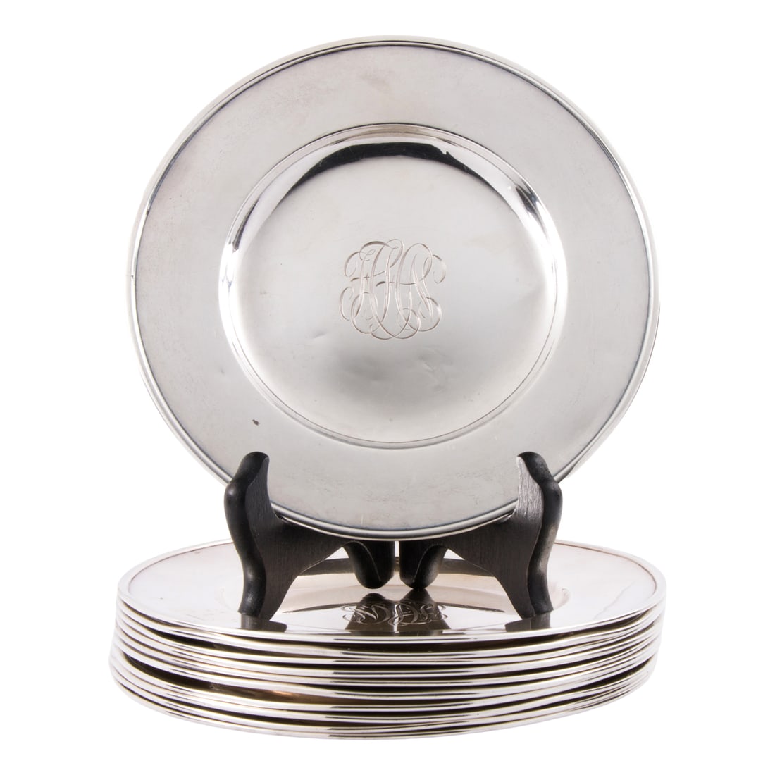 A Service of American Frank W Smith Silver Co Sterling Bread Plates: A service of American Frank W Smith Silver Co sterling bread plates retailed by Hardy & Hayes Company, each monogrammed, 6"dia., 26.34 troy oz [11 total]