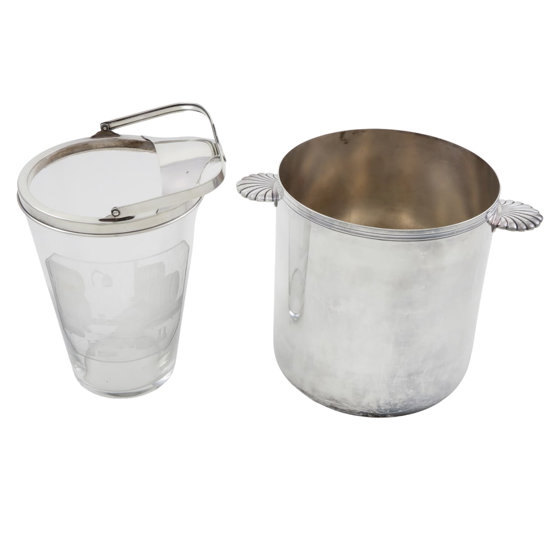 An American T.G. Hawkes Pitcher with a Christofle Wine Cooler: An American T.G. Hawkes sterling mounted pitcher, the etched glass pitcher depicting a gentleman in a wine cellar, handle monogrammed 'FNS', 9"h and a French Christofle silverplate wine cooler,