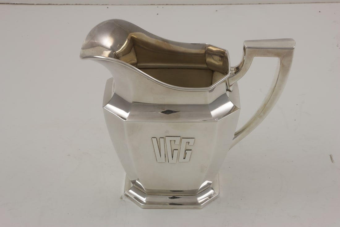 A Gorham Art Deco Sterling Pitcher: A Gorham sterling pitcher, #40, monogrammed 'VCG' in Art Deco style block letters, 8"h, 22.00 troy oz