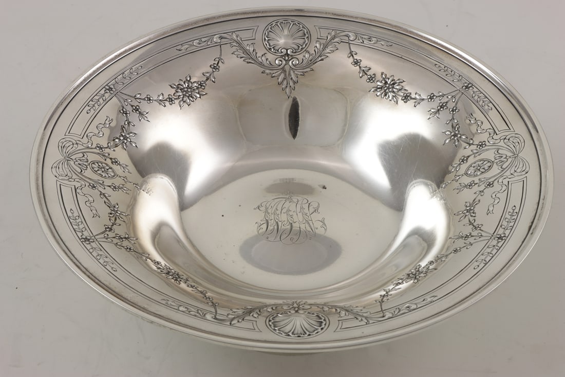 An American Whiting Co Sterling Footed Bowl: An American Whiting Co sterling footed bowl, monogrammed, 4.25"h x 12"dia. 22.72 troy oz