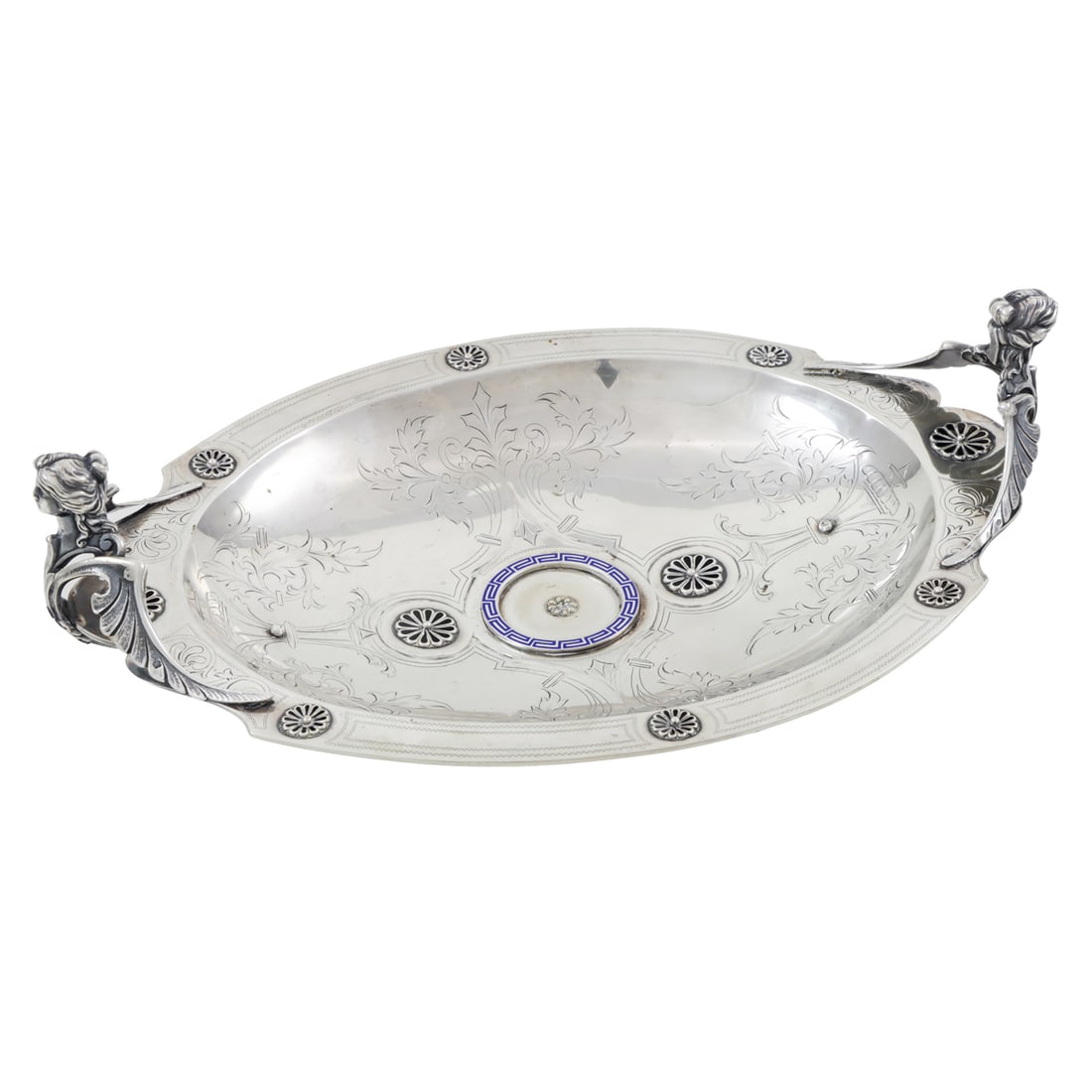 An Austrian/Hungarian 800-Silver Footed Bowl: An Austrian/Hungarian 800-silver footed bowl with winged maiden handles, 14.75"l, 17.71 troy oz