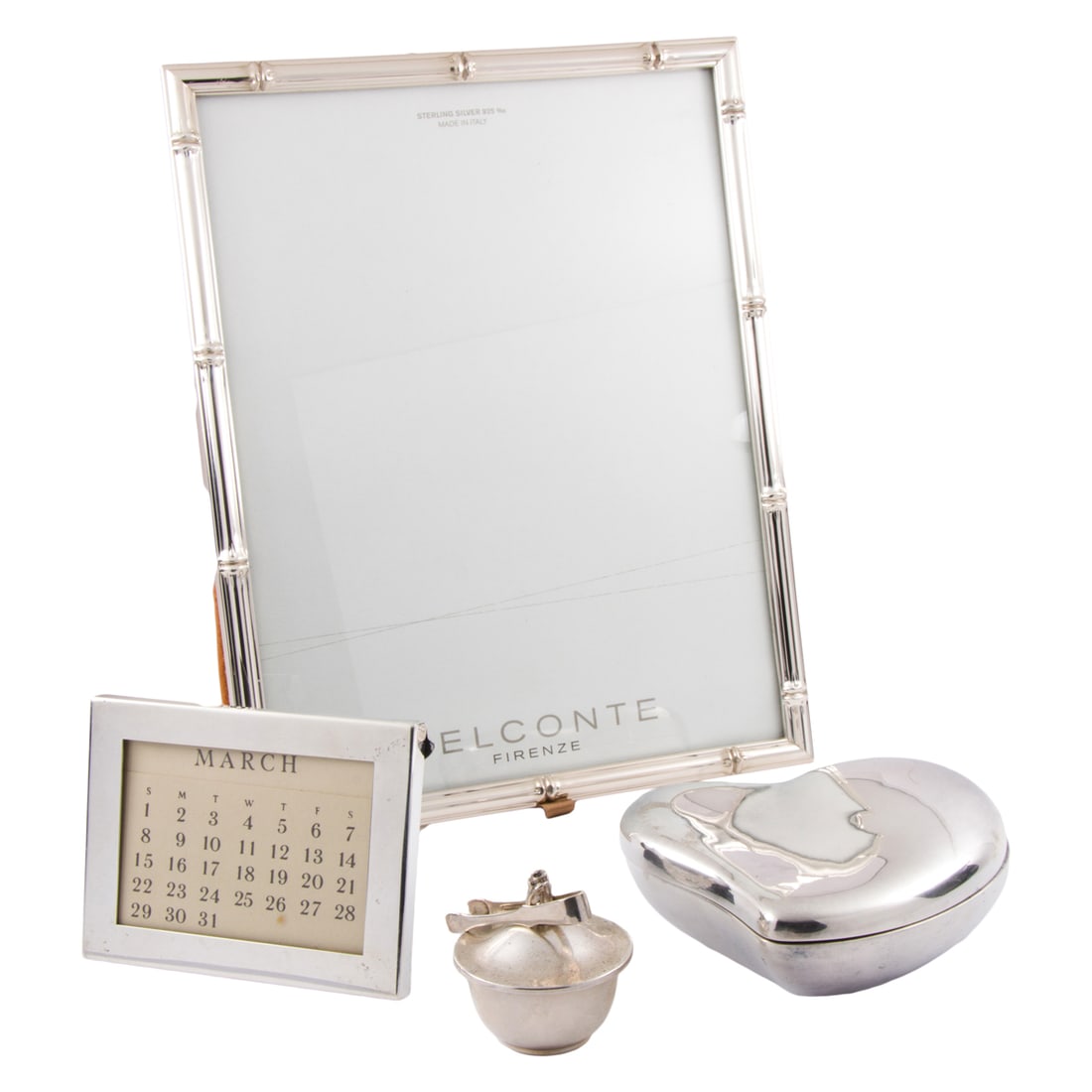 A Group of Tiffany Sterling Desk Items including Elsa Peretti: A group of Tiffany sterling desk items, comprising (1) Tiffany Elsa Peretti sterling covered box, 4"w; (1) sterling frame 2.875"h x 3.75"w; (1) covered dish with small pair of tongs, 1.75"h; lot is