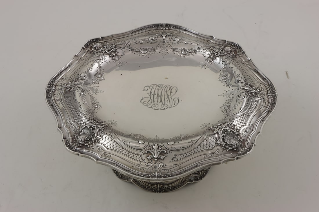 An American Art Nouveau Gorham Sterling Compote: An American Art Nouveau Gorham sterling compote, monogrammed, 4.25"h x 11"dia. 24.53 troy oz