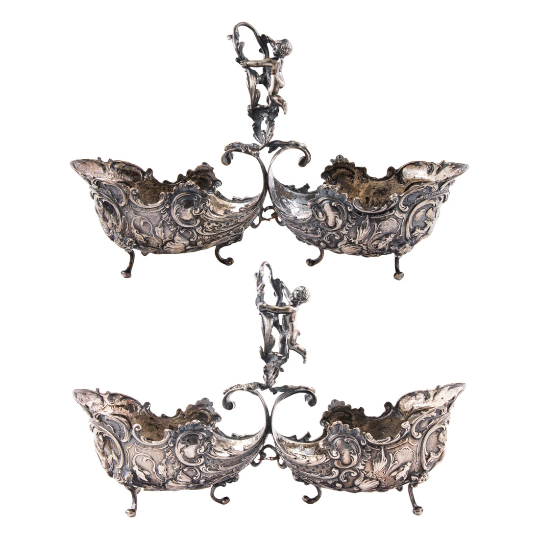 A pair of German 800 Silver Condiment Servers: A pair of German 800 silver repousse condiment servers, 6.5"h x 10.5"w, 22.38 troy oz (2 total)