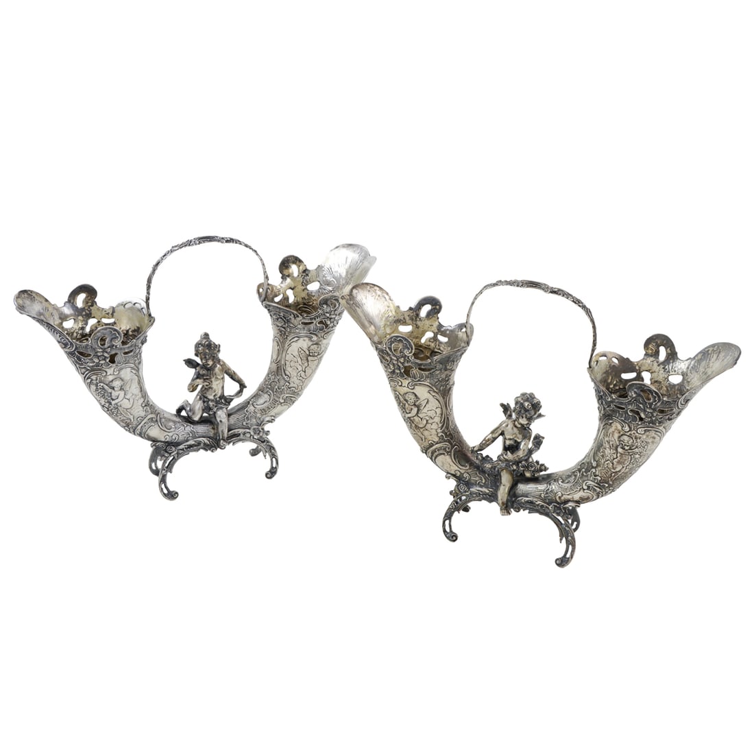 A pair of German Hanau Gebruder Glaser Silver Vases: A pair of German Gebruder Glaser Hanau silver vases, putto figures centered by two cornucopia, 8.75"h x 13"w, 51.92 troy oz [2 total]