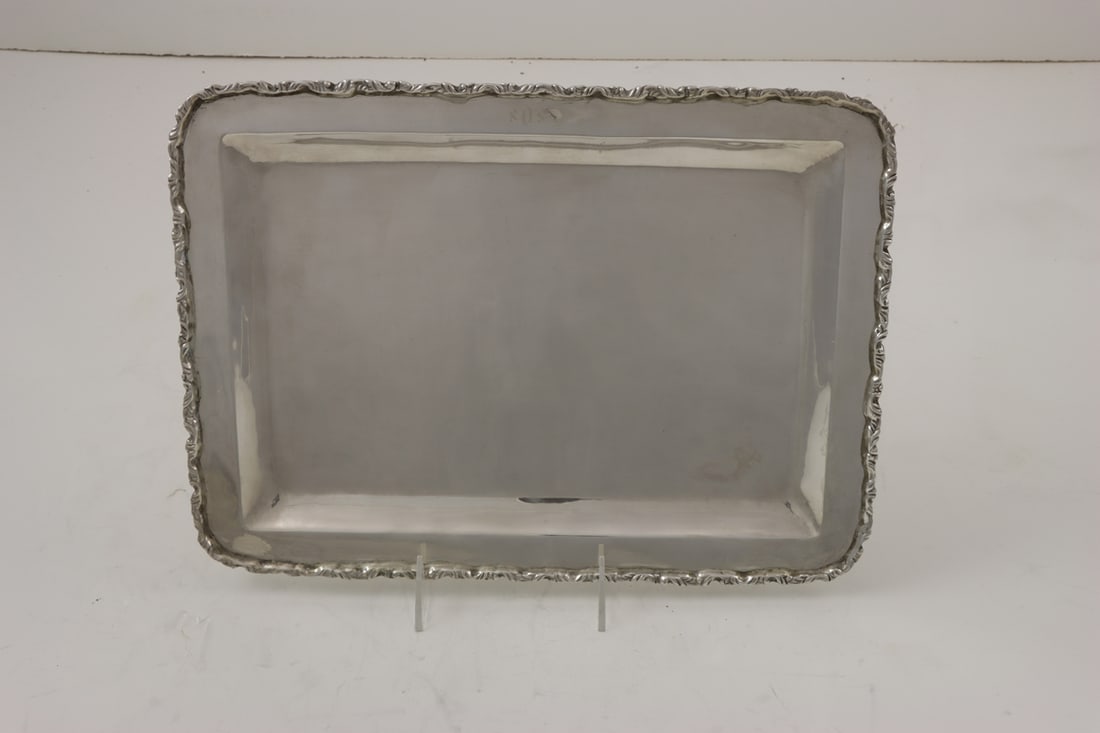 A Mexican Sterling Rectangular Tray: A Mexican sterling rectangular tray, monogrammed 'SOS', 14"l x 10"d, 24.86 troy oz.