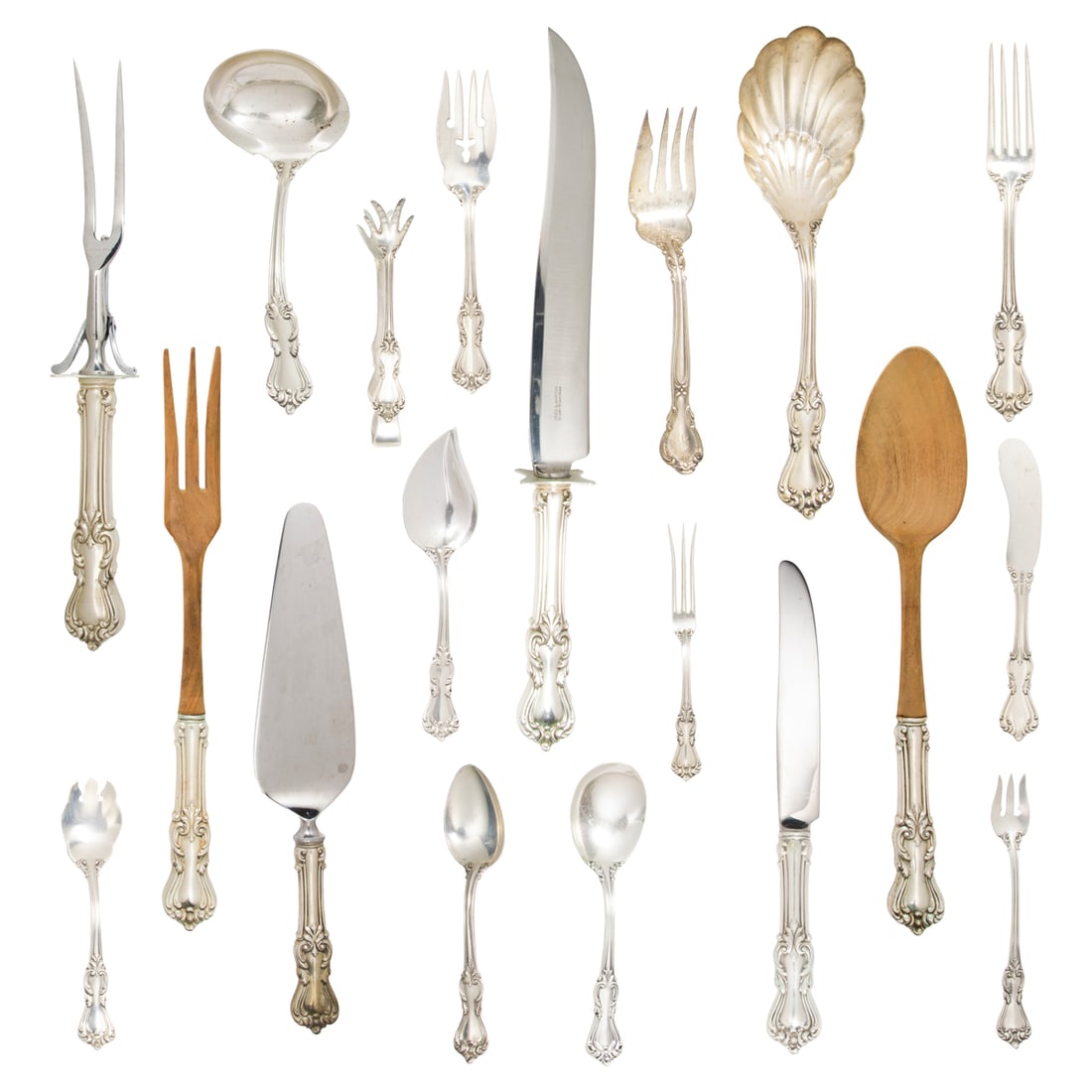 A Reed and Barton Marlborough Pattern Sterling Flatware Service: A Reed and Barton Marlborough pattern sterling flatware service, comprising (7) dinner forks, 7.75"; (8) salad forks, 7.125"; (24) dessert forks, 6"; (34) teaspoons, 5.875"; (16) soup spoons, 5.75";