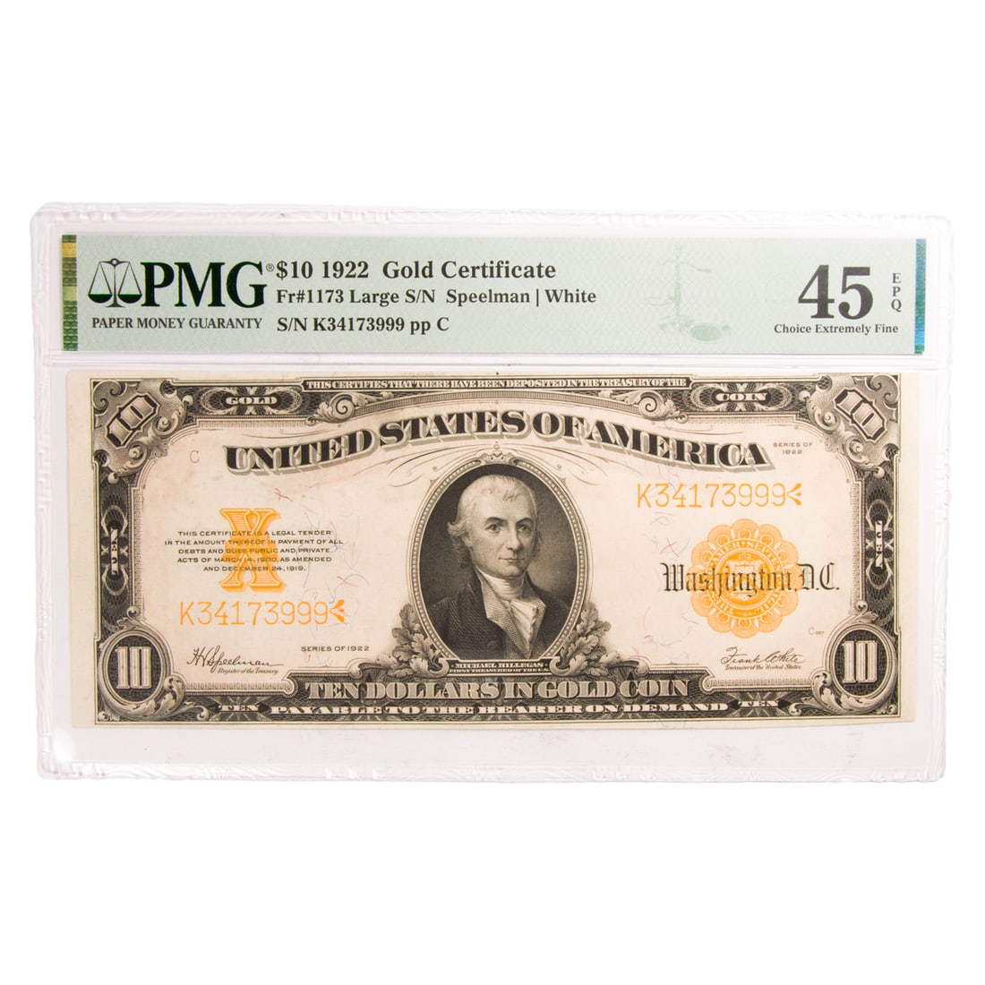A $10 Gold Certificate FR #1173 (Series 1922): A $10 Gold Certificate FR #1173 (Series 1922), PMG EF 45 EPQ