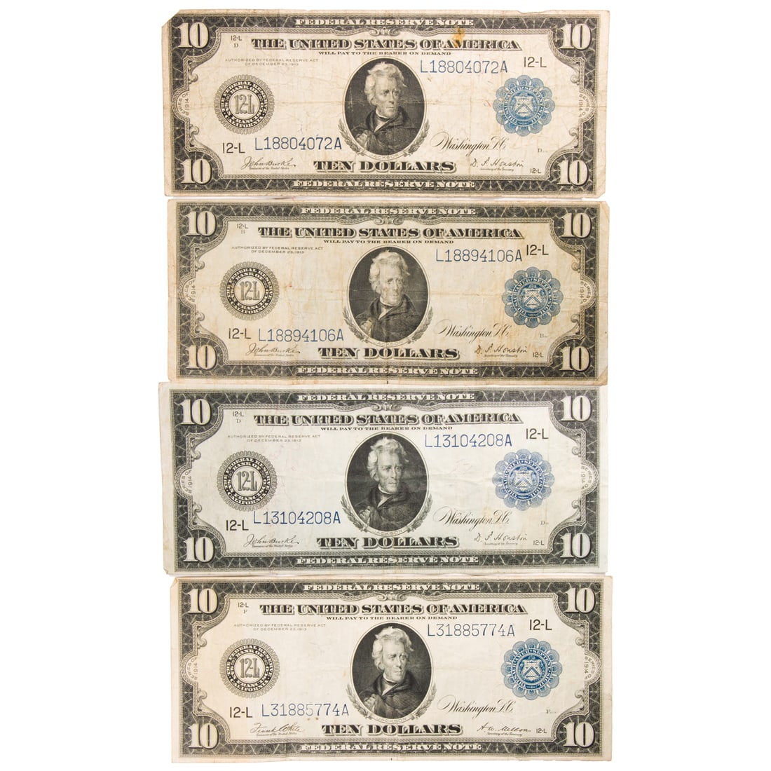 Four $10 Federal Reserve Notes (Series 1914): Four $10 Federal Reserve Notes (Series 1914), comprising (3) FR #950 (Burke-Houston) and (1) FR #951 (White-Mellon)