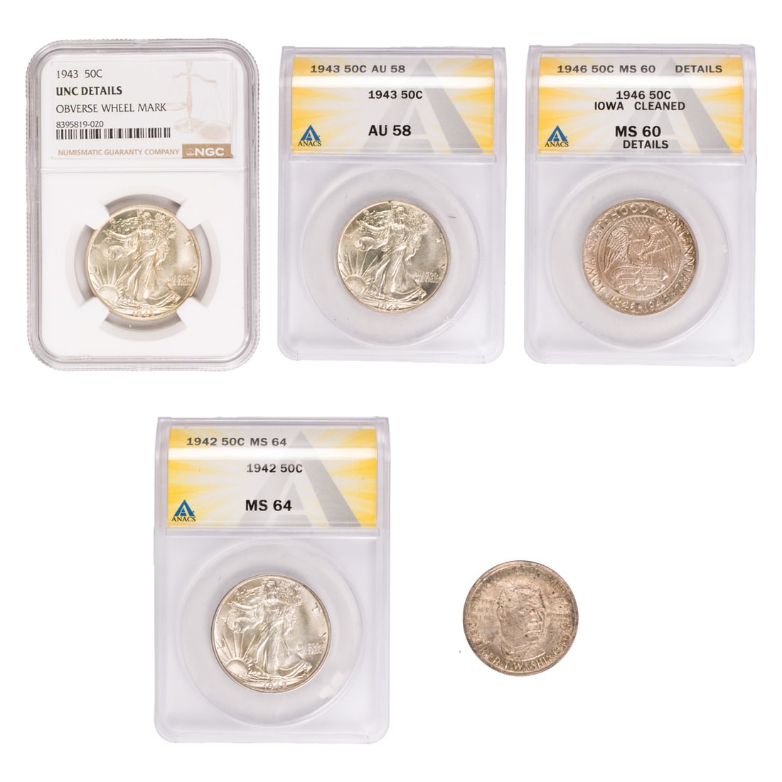 A group of five silver half dollars (Commemorative & Walking Liberty): A group of five silver half dollars (Commemorative & Walking Liberty), comprising (1) 1946 Iowa Centennial Commemorative, ANACS MS 60; (1) 1946 Booker T. Washington Commemorative, Uncirculated; (1)