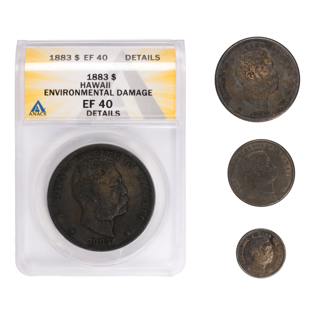 A four-piece Hawaii 1883 silver coin set: A four-piece Hawaii 1883 silver coin set, comprising (1) $1 (Akahi Dala) ANAC EF40; (1) 50 cents (Hapalua); (1) 25 cents (Hapaha), and (1) 10 cents (Umi Keneta)
