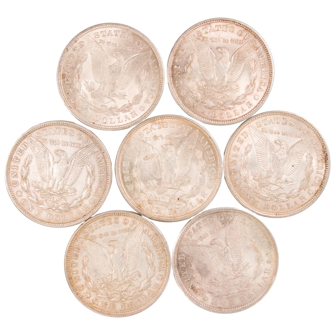 Seven 1921 Morgan silver dollars (1 of 2)