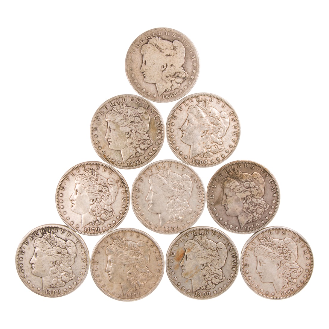 Ten Morgan silver dollars (1 of 2)
