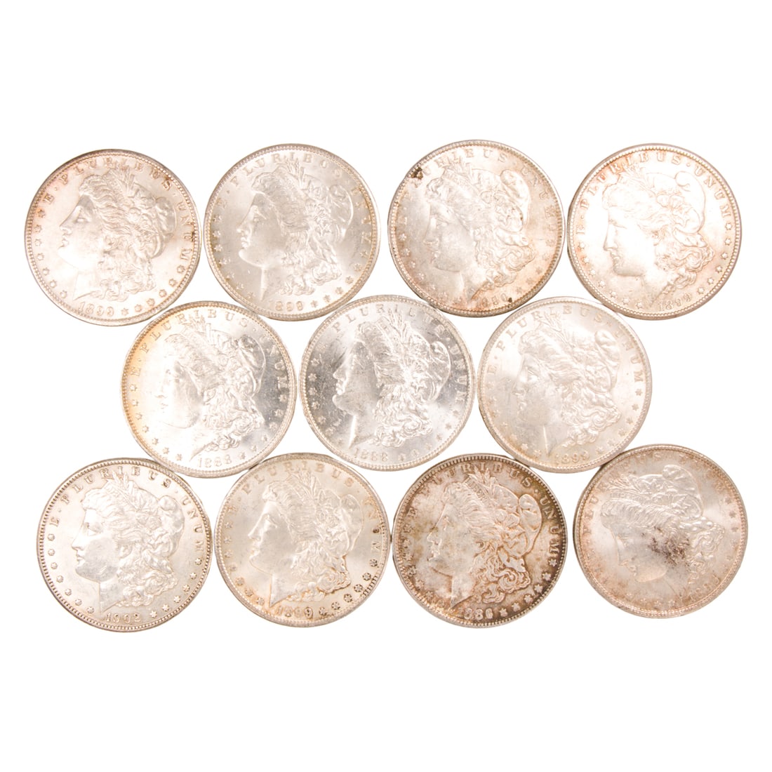 Eleven Morgan Silver dollars in choice BU/Uncirculated condition: Eleven Morgan Silver dollars in choice BU/Uncirculated condition, comprising (2) 1886 (Philadelphia); (2) 1888 (Philadelphia); (6) 1899 (Philadelphia) and (1) 1902 (Philadelphia)