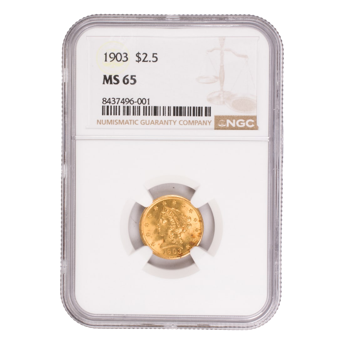 A Liberty Head Quarter Eagle gold coin: A Liberty Head Quarter Eagle gold coin, graded MS 65 by NGC