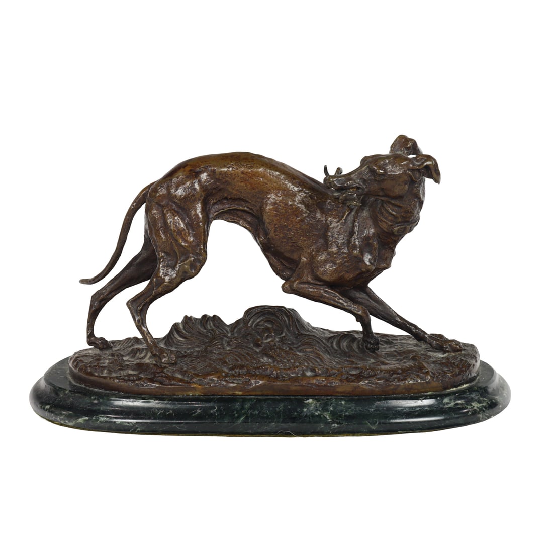 A Continental patinated bronze figure of a whippet after a model by Pierre-Jules Mene (French: A Continental patinated bronze figure of a whippet after a model by Pierre-Jules Mene (French, 1810?1879), second half 19th century, the dog depicted holding a whip in its mouth, raised on a green