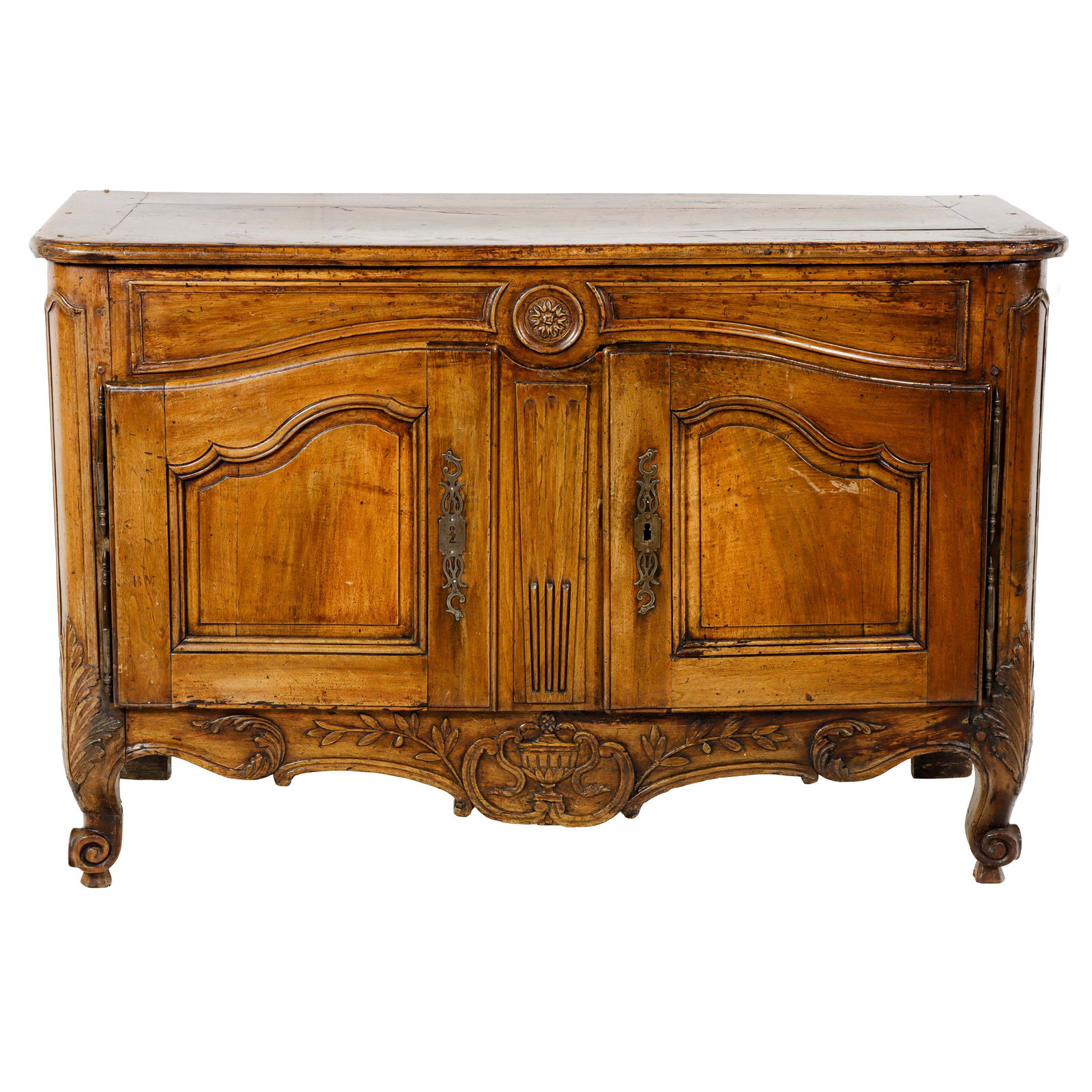 A French Louis XV Provincial buffet second half 18th century: A French Louis XV Provincial buffet second half 18th century, the panelled doors opening to a fixed shelf, and rising on outswept feet, 37in x 48in