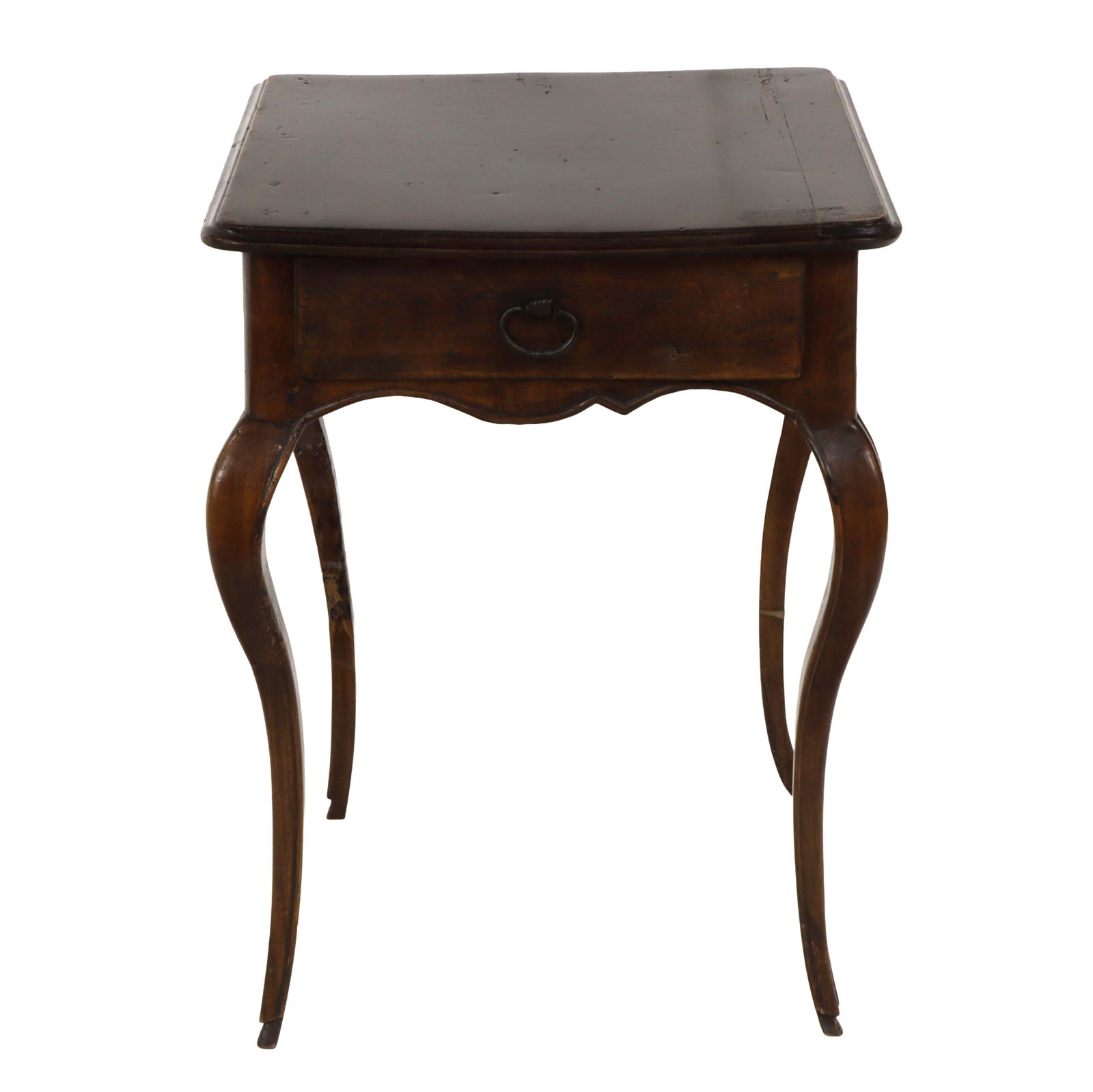 A French table: A French table, having a single drawer with bale handle, and rising on cabriole legs, 28.5"h x 29"w x 24"d