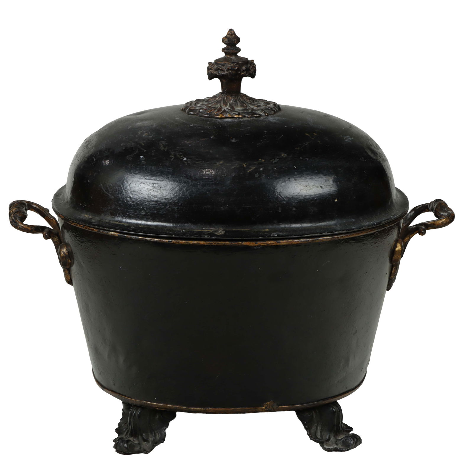 A Victorian cast iron mounted tole coal scuttle or fire box: A Victorian cast iron mounted tole coal scuttle or fire box, 18.5"h x 20"w x 13"d