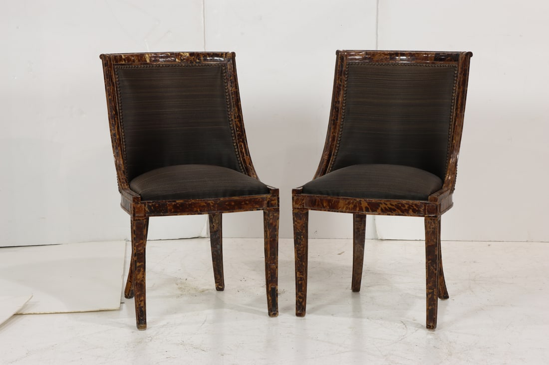 A pair of contemporary brass studded faux tortoiseshell side chairs in the Art Deco taste (1 of 5)