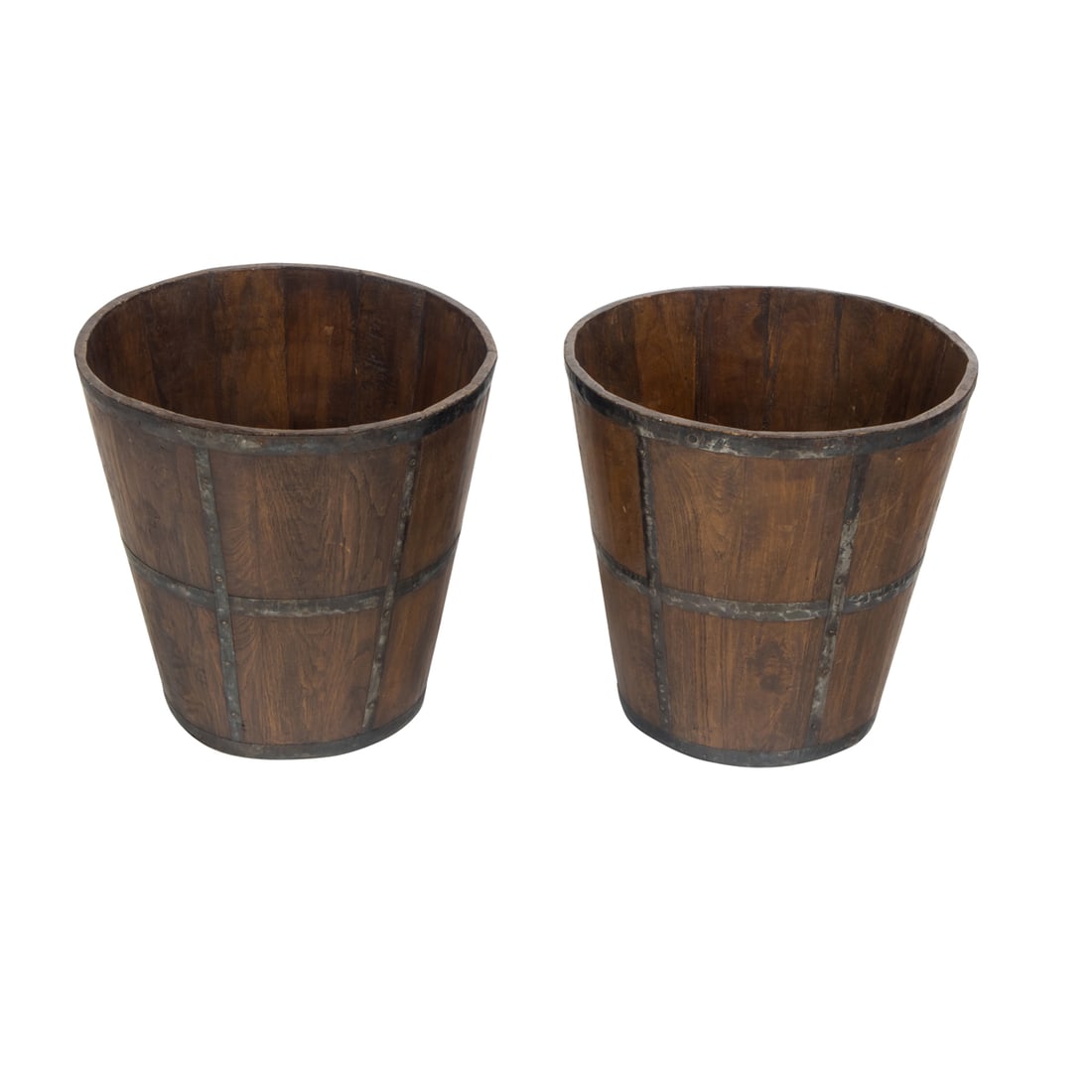 A pair of vintage metal bound wood barrel buckets: A pair of vintage metal bound wood barrel buckets, 14"h x 14.5"dia