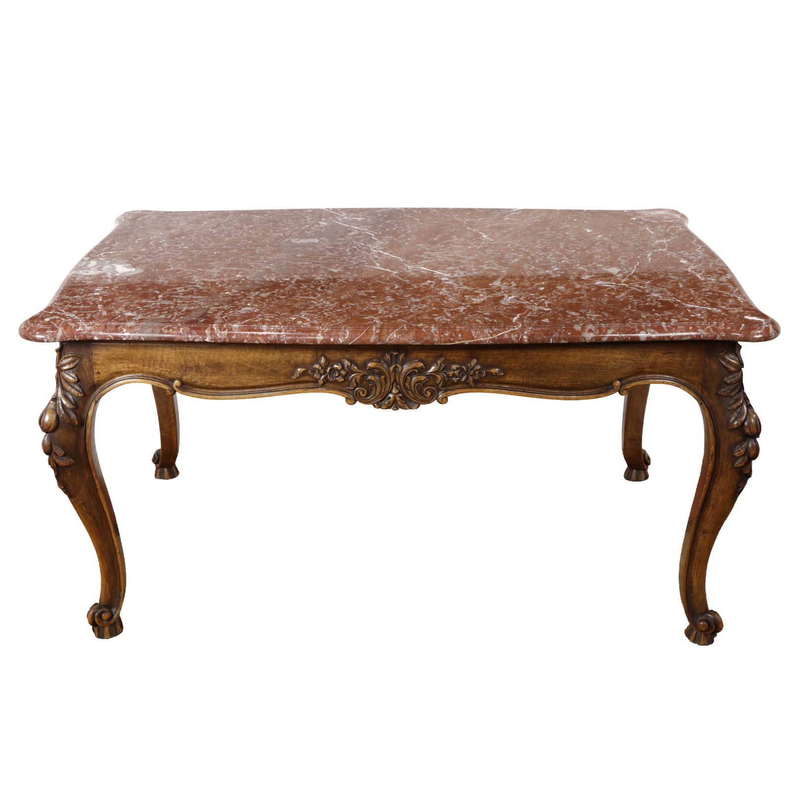 A French oak marble top table: A French oak marble top table, the shaped top resting on the heavily carved apron conjoining the carved floral and leaf decorated cabriole legs, 30"h x 57.5"w x 39"d