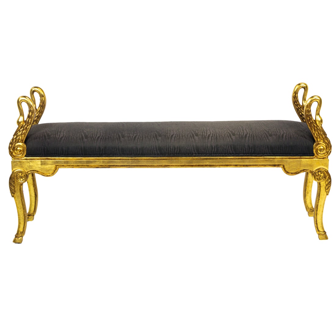 A Regency style giltwood carved window bench: A Regency style giltwood carved window bench, with swans neck returns continuing to the rosette decorated outswept legs, 29"h x 60" w x 16"d