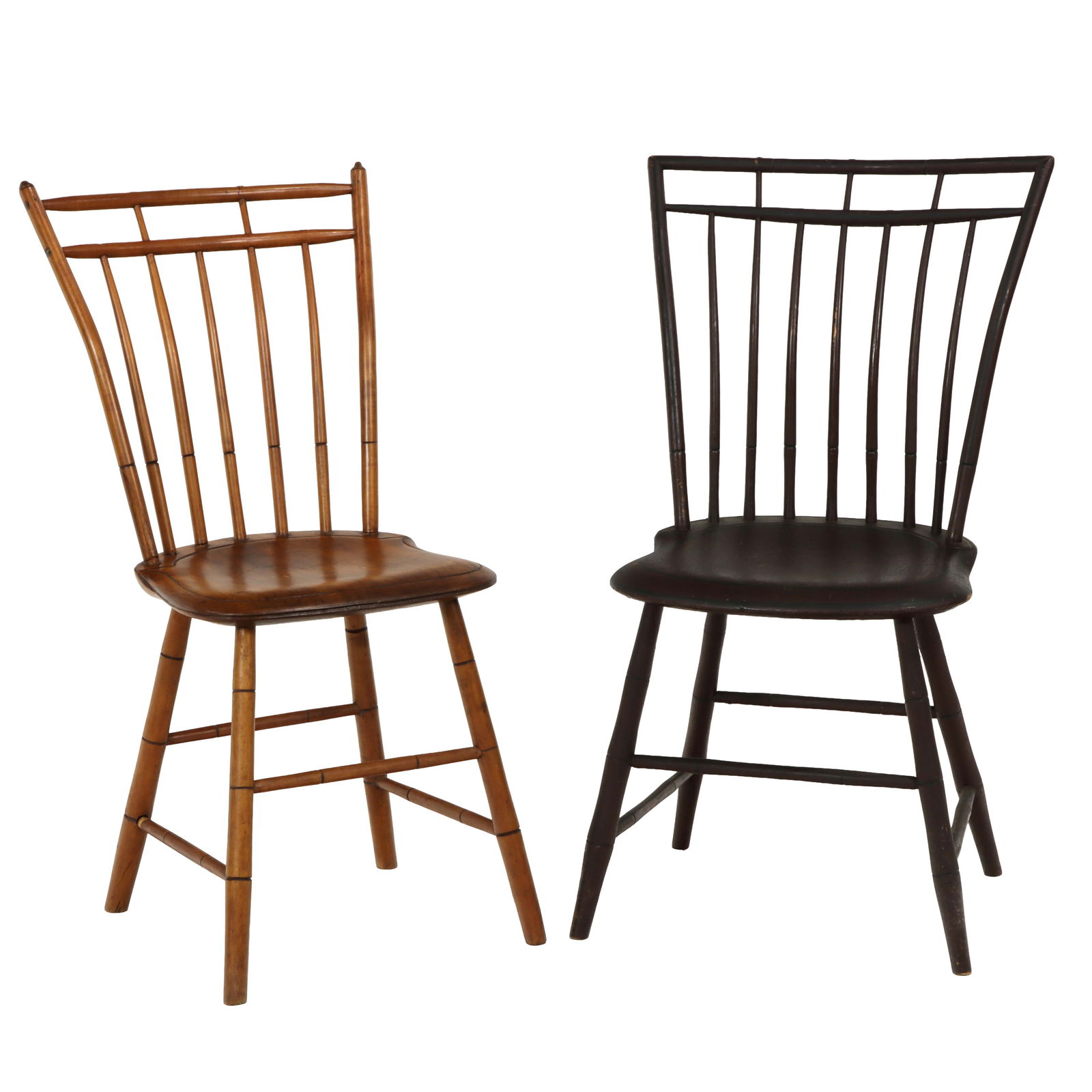 A set of Windsor birdcage sidechairs: A set of Windsor birdcage sidechairs, 19th century, the taller retaining the original surface, 35"h x 17"w x 14.25"d (seat), 34.25"h x 15.5"w x 13.5"d (seat)
